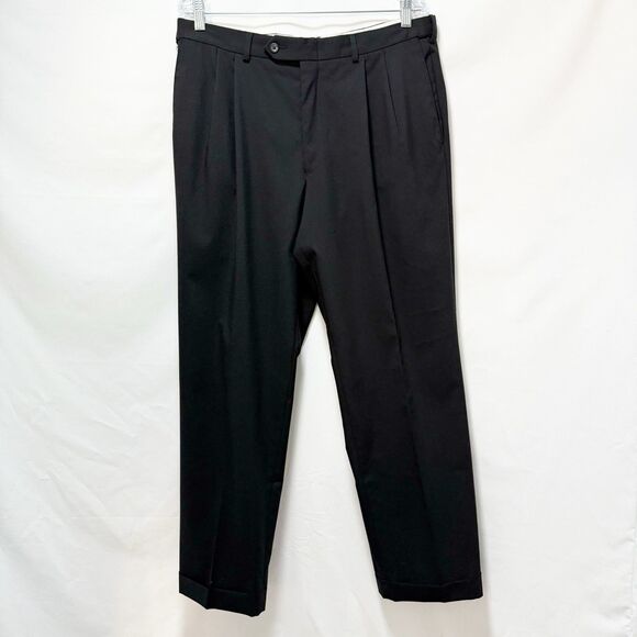 Oscar De La Renta Dress Pants Mens 34x30 Black 100% Wool Pleated - Picture 1 of 16